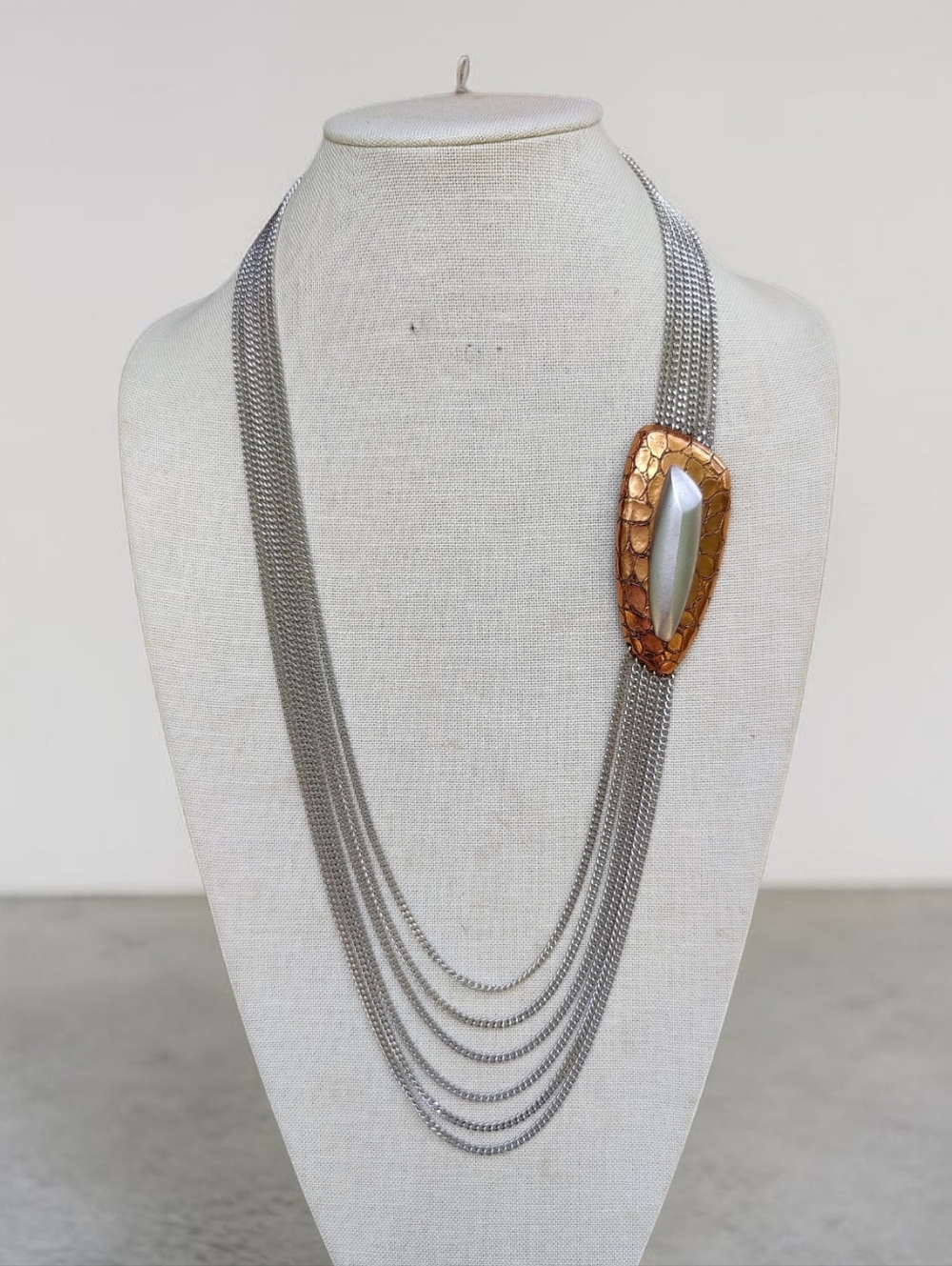 Vintage Monet Long Modernist Multi-strand Chain Necklace With Copper Piece